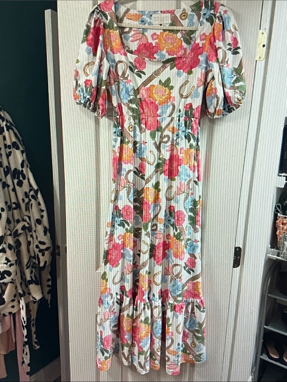 Floral Puff-Sleeve Maxi Dress in White with Pink & Blue Blooms